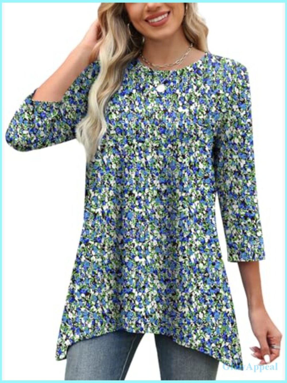 3/4 Sleeve Tunic Top with Asymmetrical Hem, Loose Fit, Polyester Spandex - Picture 2 of 7